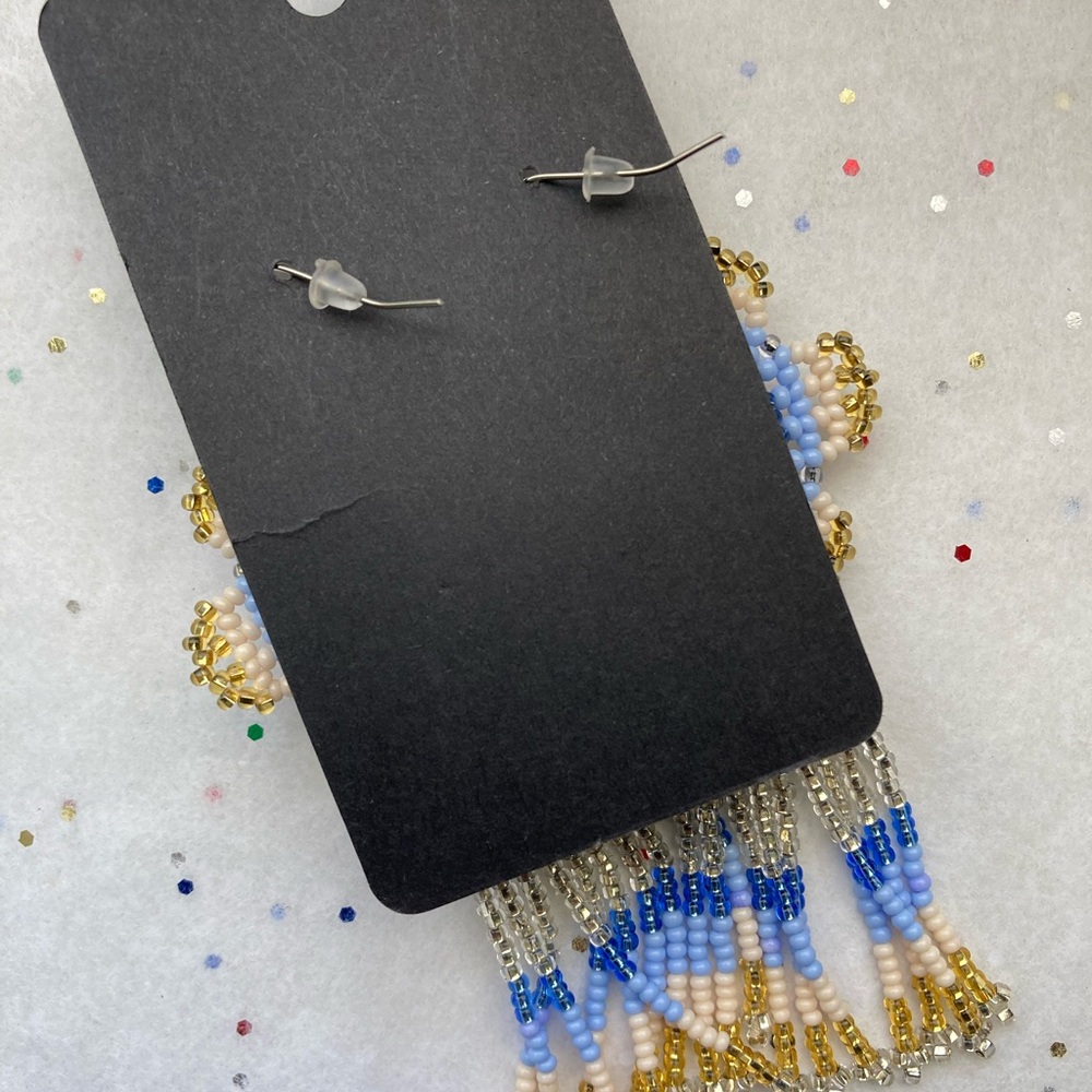 Beaded Skull Earrings with Gold and Blue Accents - Picture 4 of 5
